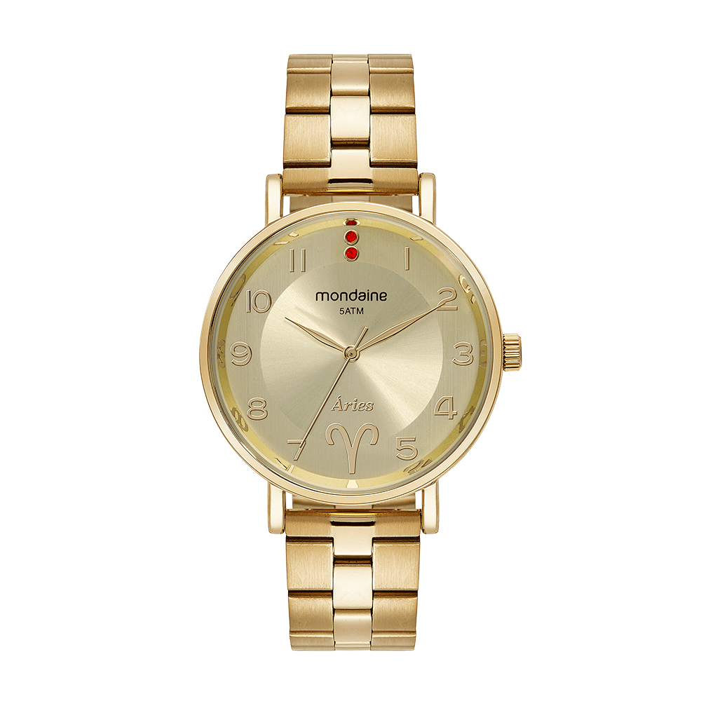 Kit Relógio Feminino Dourado Signo Áries Com Acessório