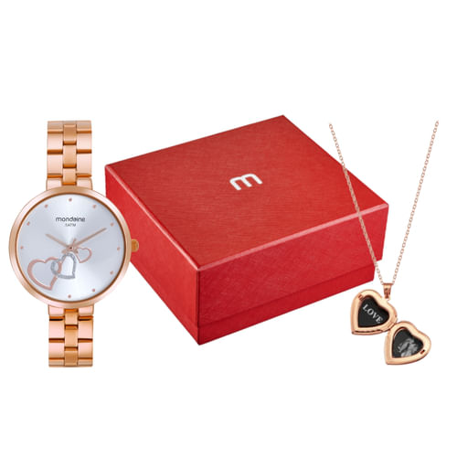 kit Relógio Feminino Coração Rosé Com Relicário