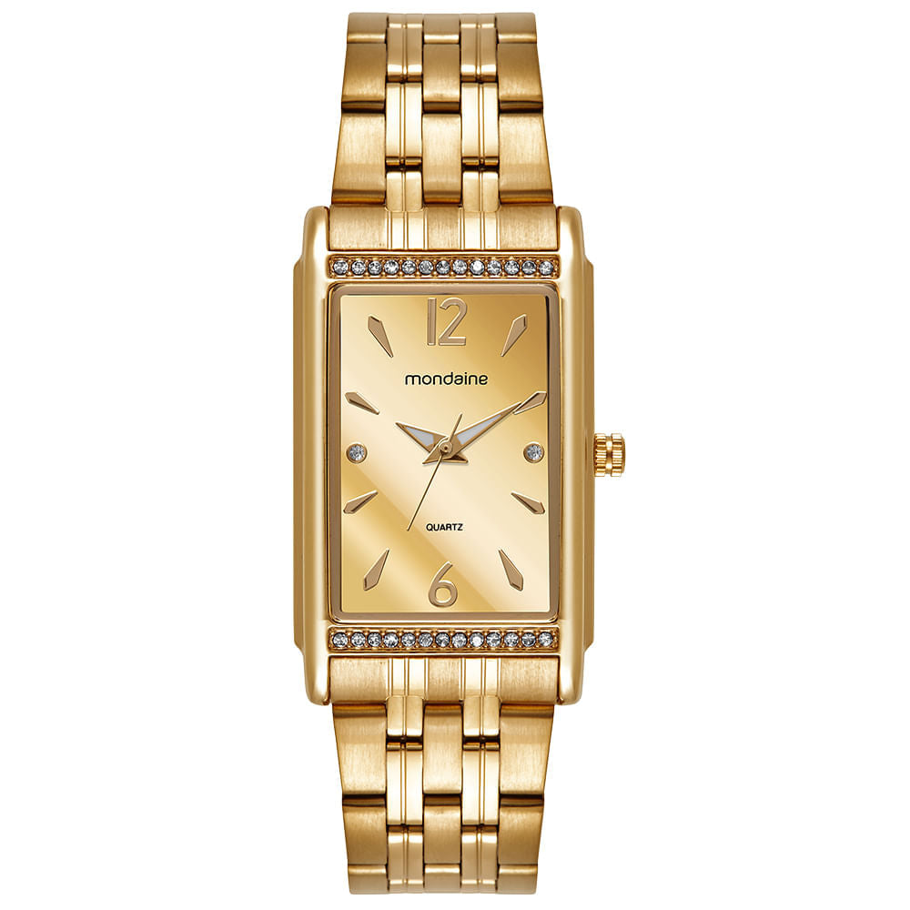 Relógio Feminino Dourado Aço Quadrado Mostrador Dourado