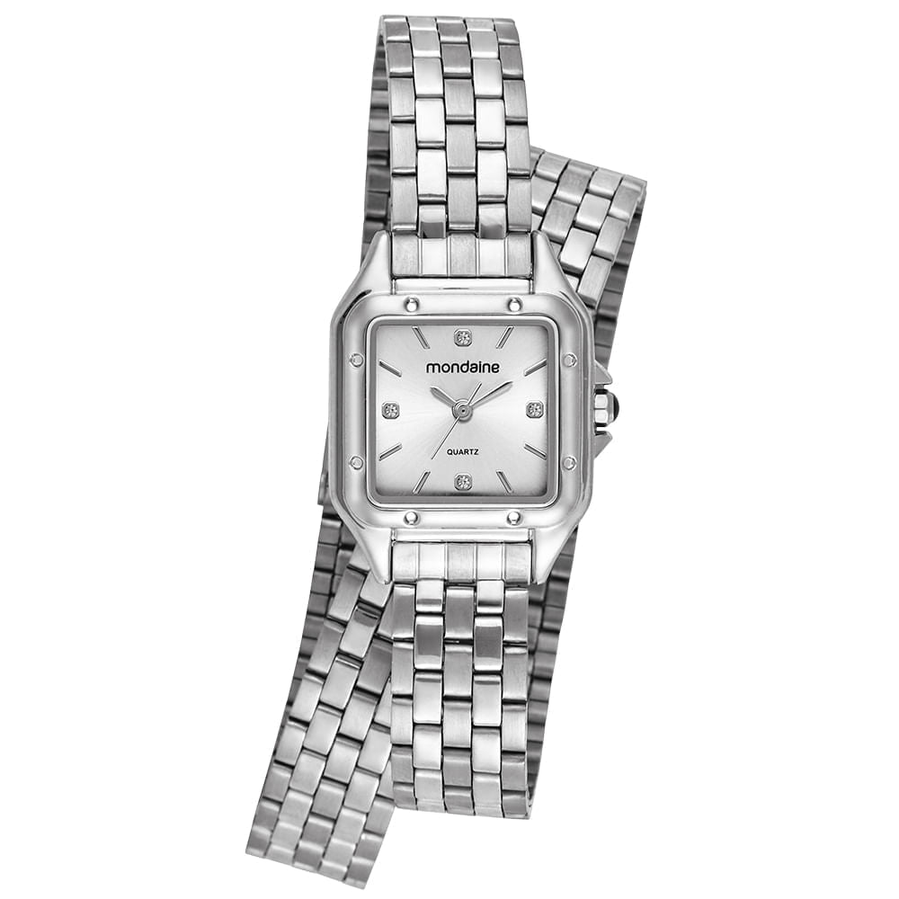 Relógio Feminino Prata Aço Quadrado Index Completo