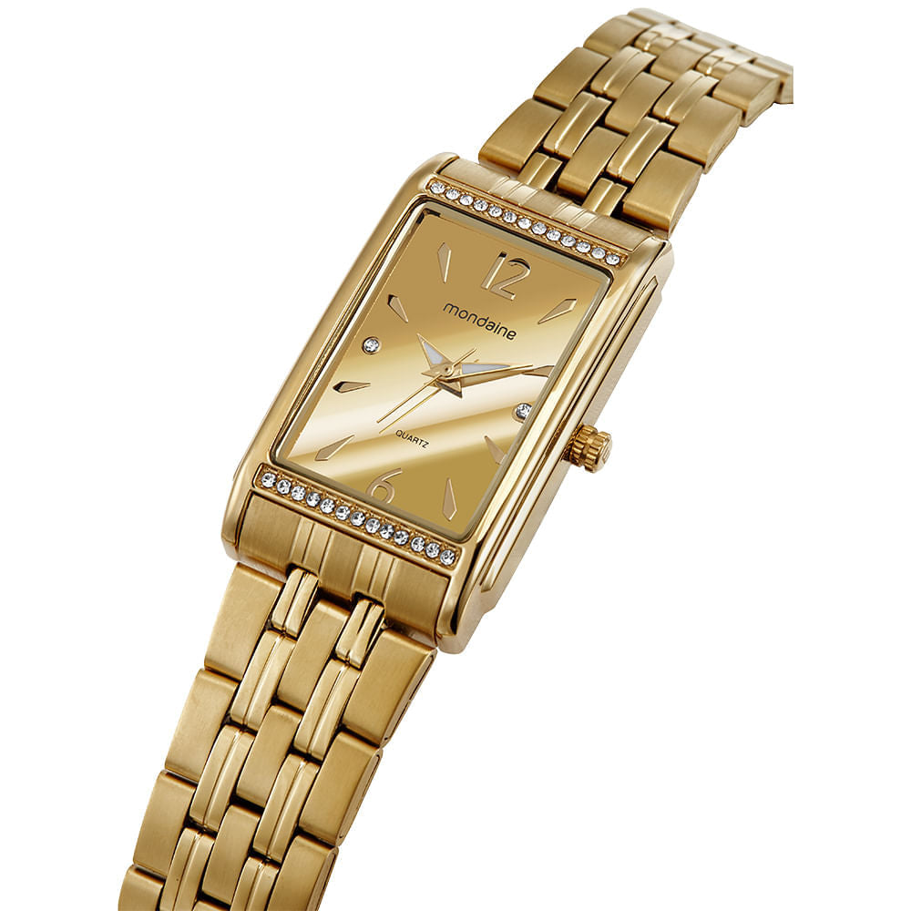 Relógio Feminino Dourado Aço Quadrado Mostrador Dourado