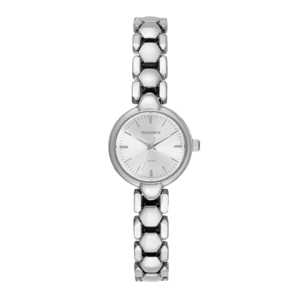 Relógio Feminino Prata Pulseira Sólida Efeito Metálico