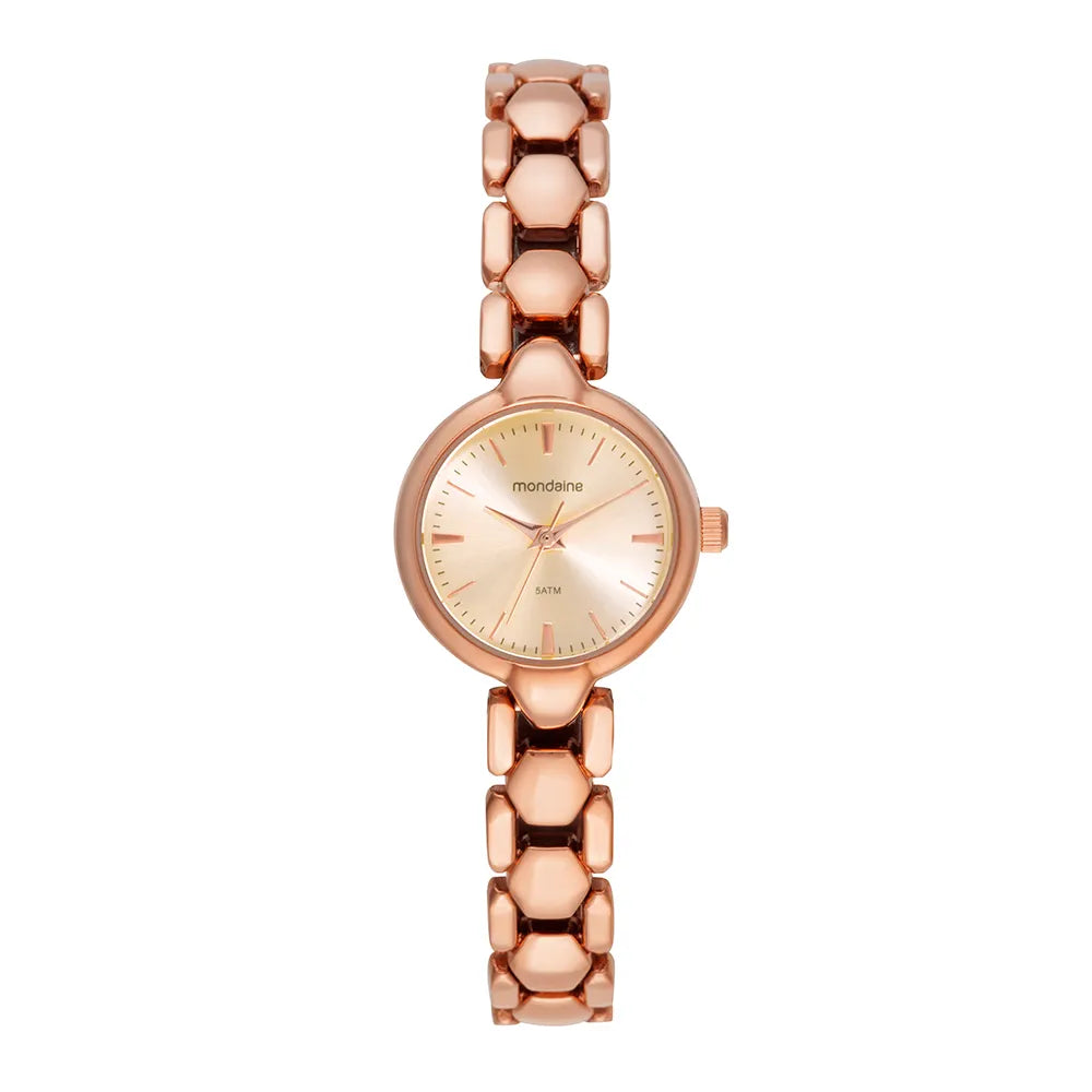 Relógio Feminino Rose Pulseira Sólida Efeito Metálico
